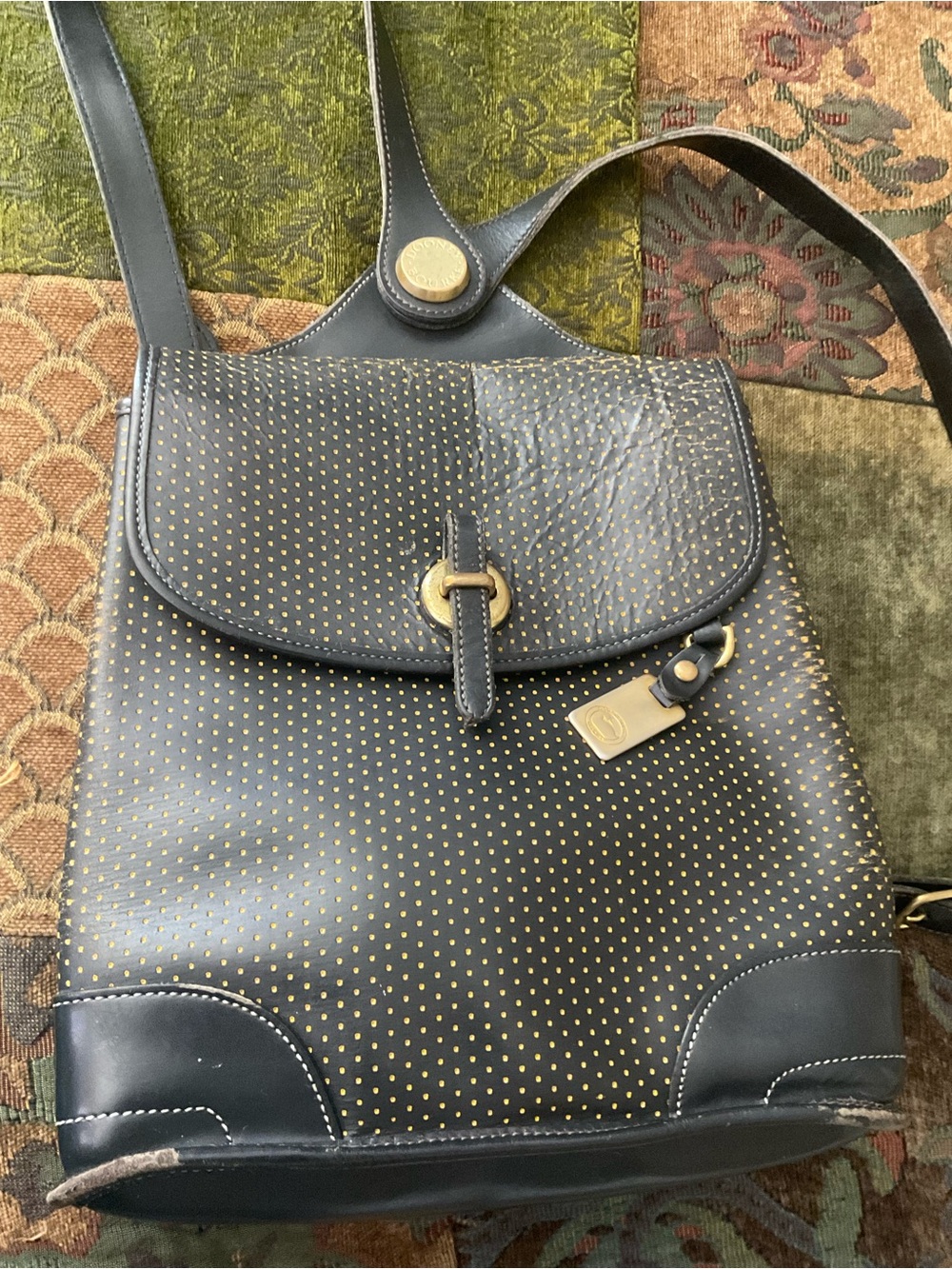 Dooney & Bourke Black Leather Backpack with Gold Dot Print